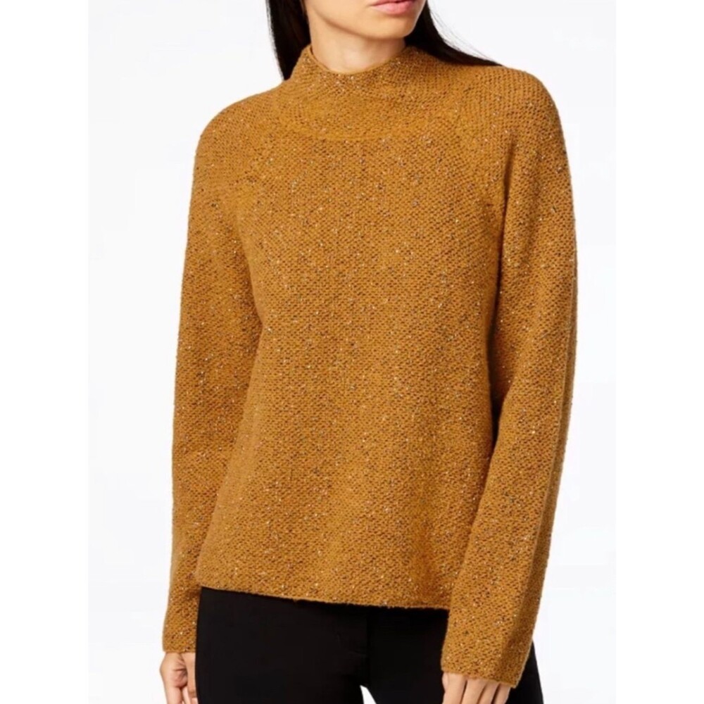 Eileen Fisher Women’s tweety textured  Mustard 100% cotton mock neck Sweater MD